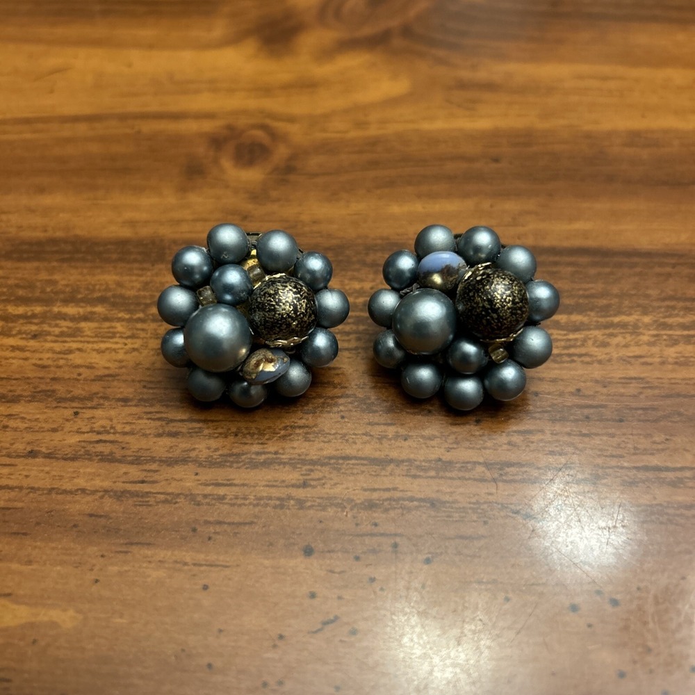 Vintage Clip On‎ Strand Faux Pearl Ear Rings Japan Blue